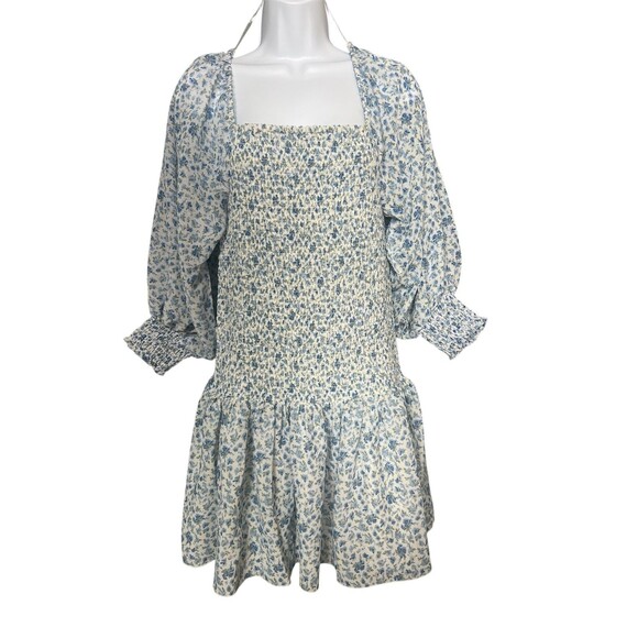 Forever21 Womens Dress Large Smocked Blue White Floral Square Neck Ruffle Boho M - Picture 1 of 13